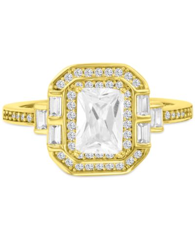 Cubic Zirconia Mixed Cut Halo Statement Ring in 14k Gold-Plated Sterling Silver