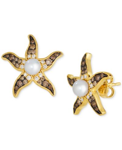 Le Vian Серьги-гвоздики Starfish с жемчугом Freshwater Ombré (4-1/2mm) и бриллиантами Chocolate Ombré (3/8 ct. t.w.) в 14k Gold