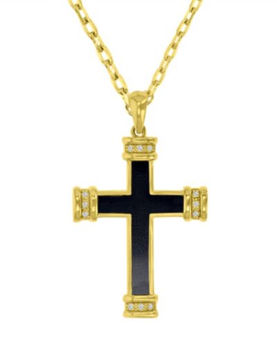 Подвеска Macy's Onyx and Diamond Cross в 14k Yellow Gold Over Sterling Silver