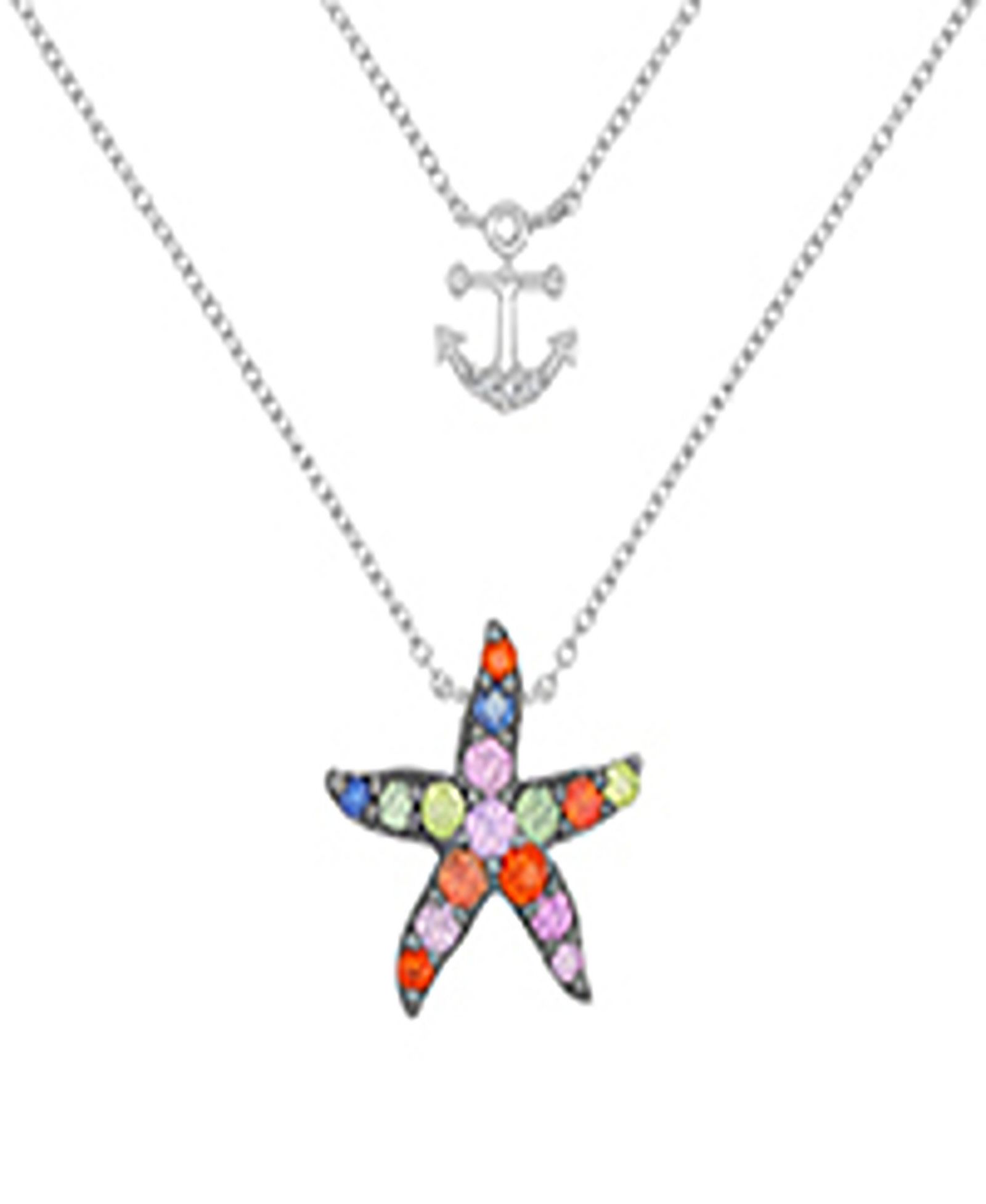 Колье со звездой и якорем, Rhodium Over Sterling Silver, многоцветное