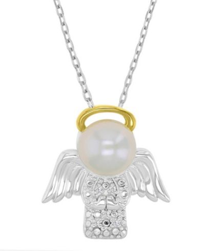 Cultured Freshwater Pearl & Diamond Accent Angel Necklace in 14k Yellow Gold Over Sterling Silver