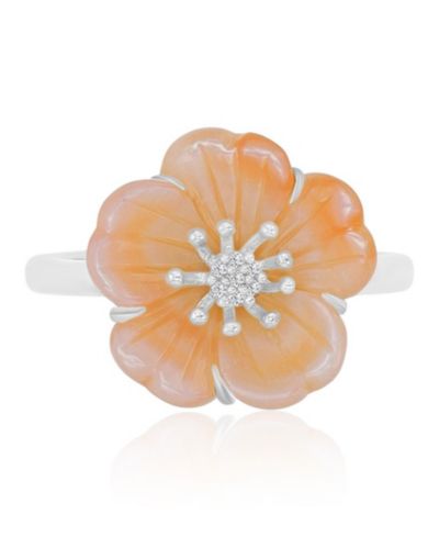 Pink Mother of Pearl and Diamond Accent Flower Ring in Rhodium Over Sterling Silver