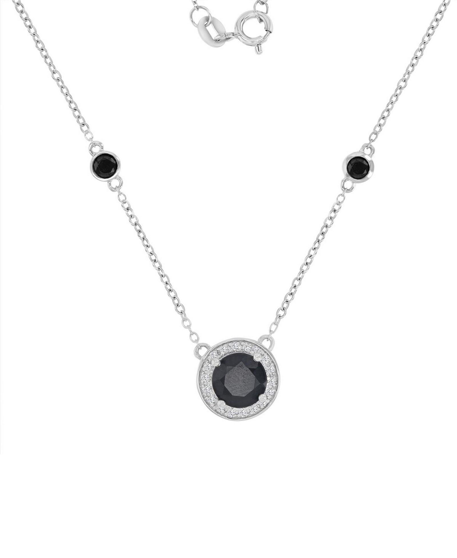Macy's Onyx & Created White Sapphire (0.09 ct. t.w.) Station Necklace in Rhodium Over Sterling Silver
