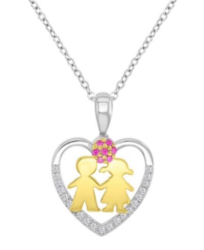 Macy's White Sapphire (0.21 ct. t.w.) and Created Ruby (0.21 ct. t.w.) Heart Necklace in 14k Yellow and White Gold Over Sterling Silver