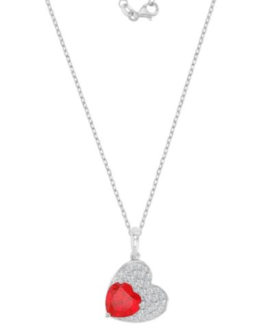 Macy's Ruby (2.17 ct. t.w.) and Created Sapphire (0.756 ct. t.w.) Paved Heart Necklace in Rhodium Over Sterling Silver
