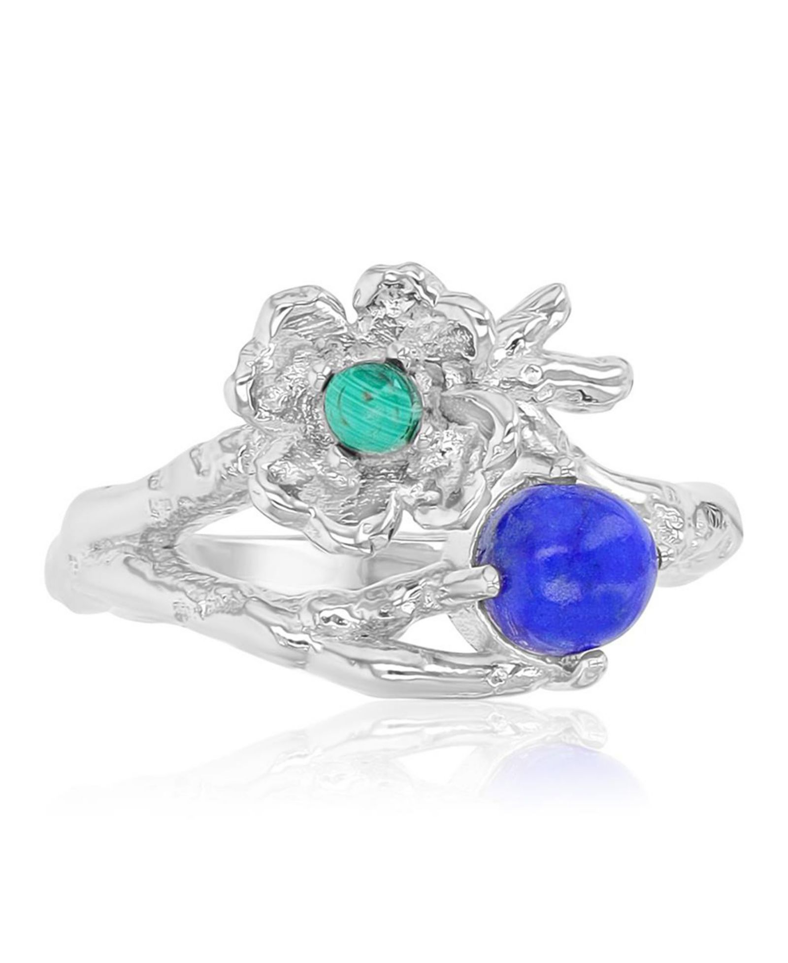 Macy's Malachite (0.14 ct. t.w.) and Lapis (5 mm) Flower Ring in Rhodium Over Sterling Silver