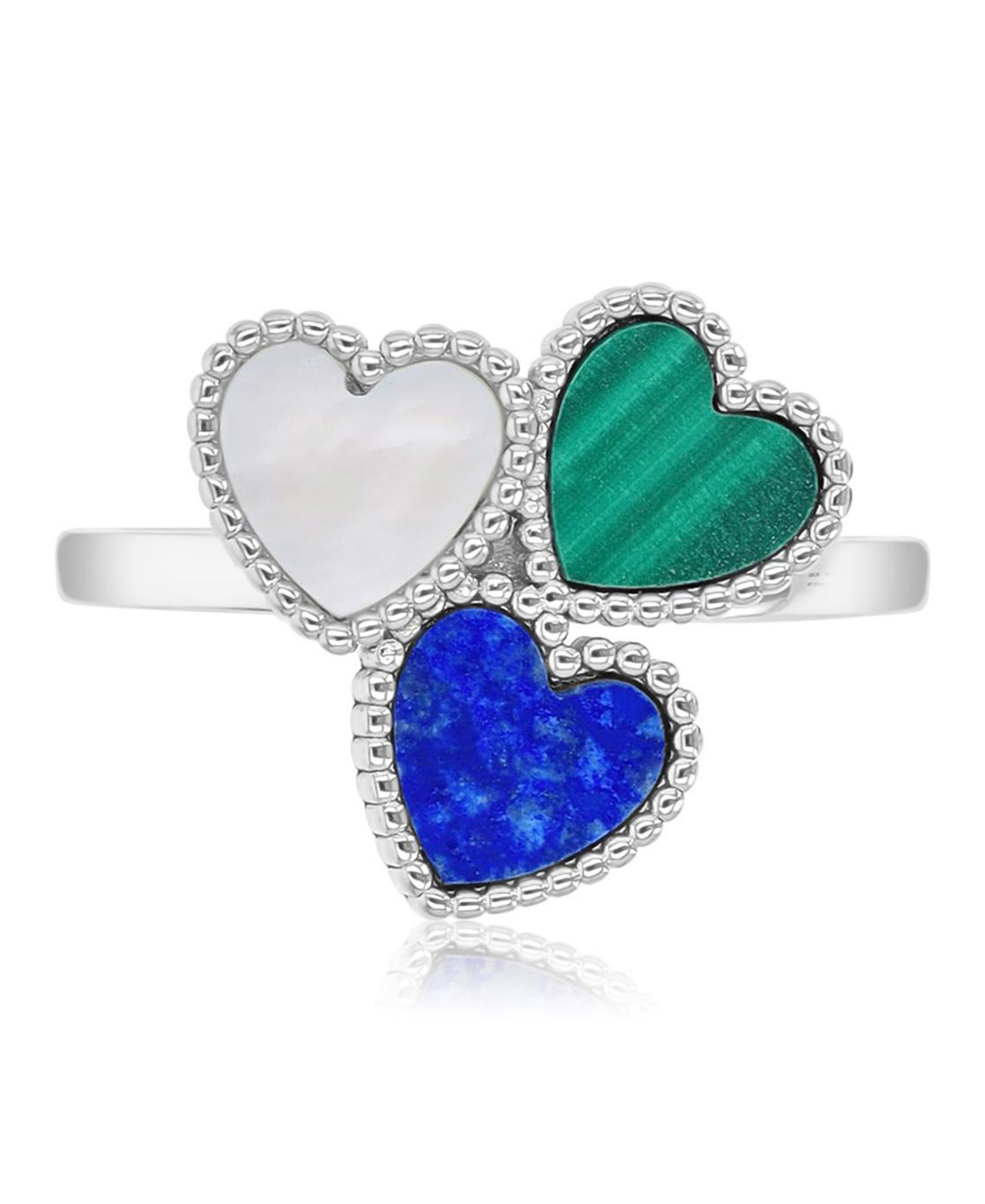 Macy's Malachite (0.8 ct. t.w.) Lapis & Imitation Pearl Tri-Hearts Ring Set in Rhodium Over Sterling Silver