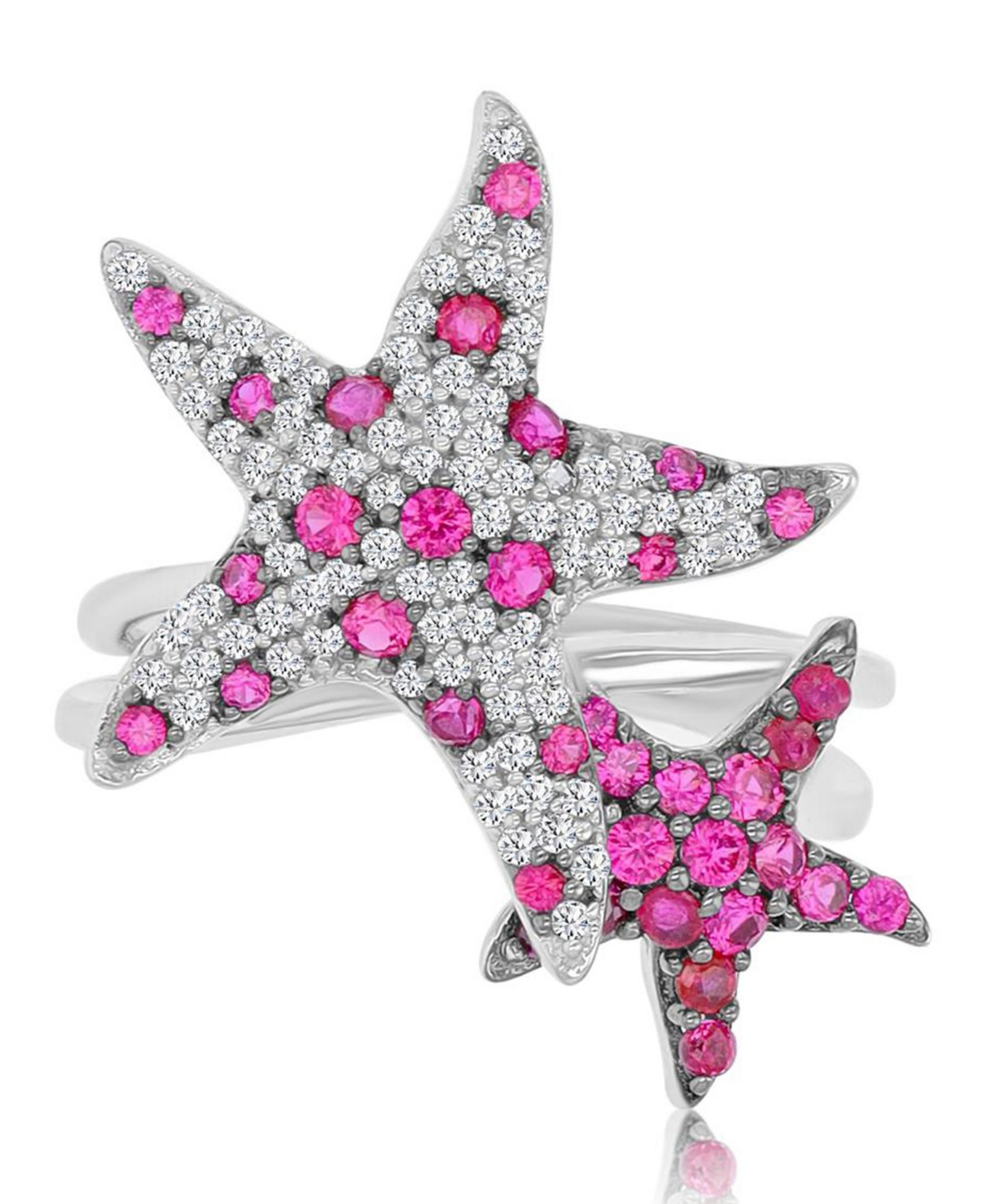 Macy's Ruby (0.88 ct. t.w.) & Created Sapphire (0.43 ct. t.w.) Duo Star Fish Ring in Rhodium Over Sterling Silver