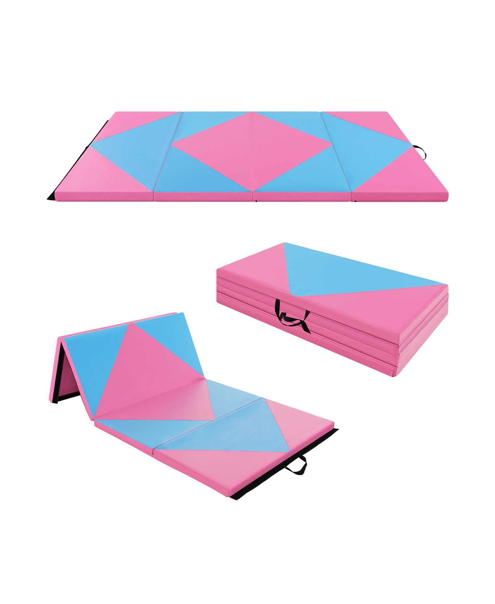 8 Feet PU Leather Folding Gymnastics Mat Pink Blue with EPE Foam and Carry Handles