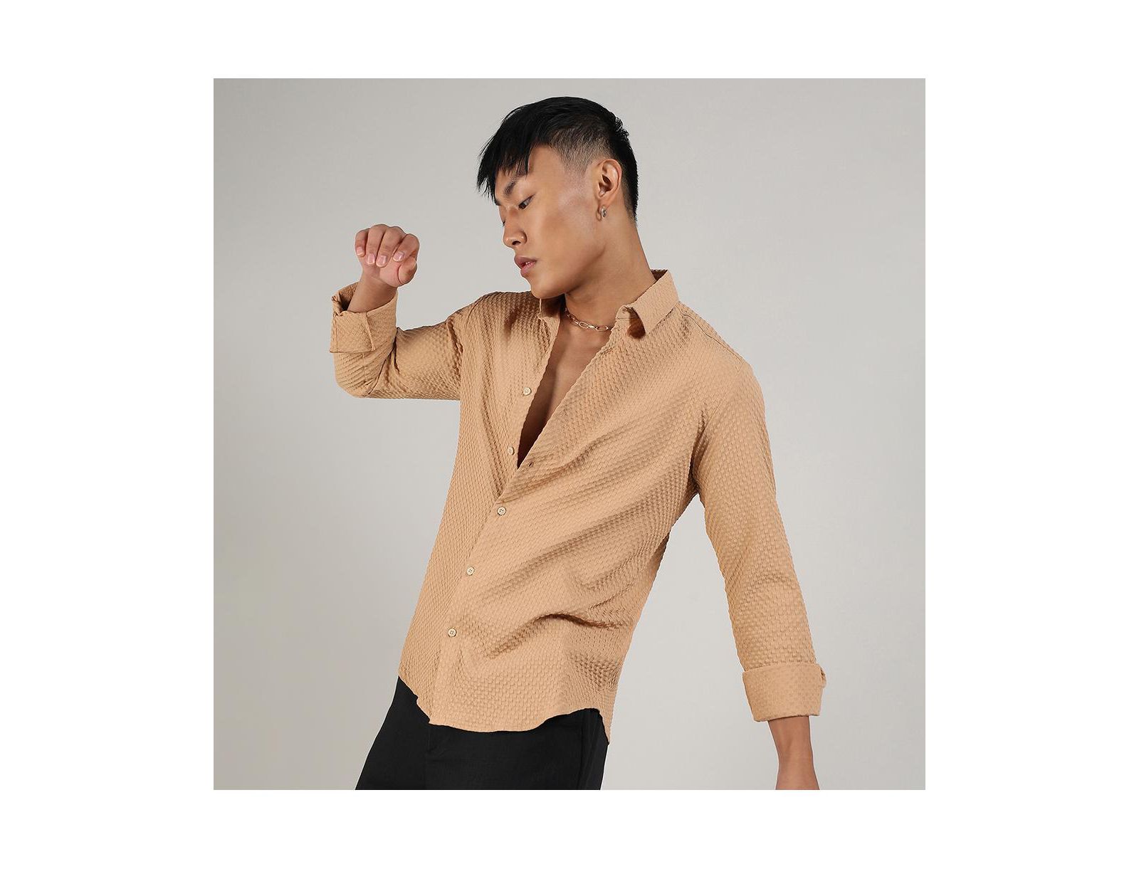 Cahoot Men's Campus Sutra Beige Textured Micro Buffalo Check Shirt