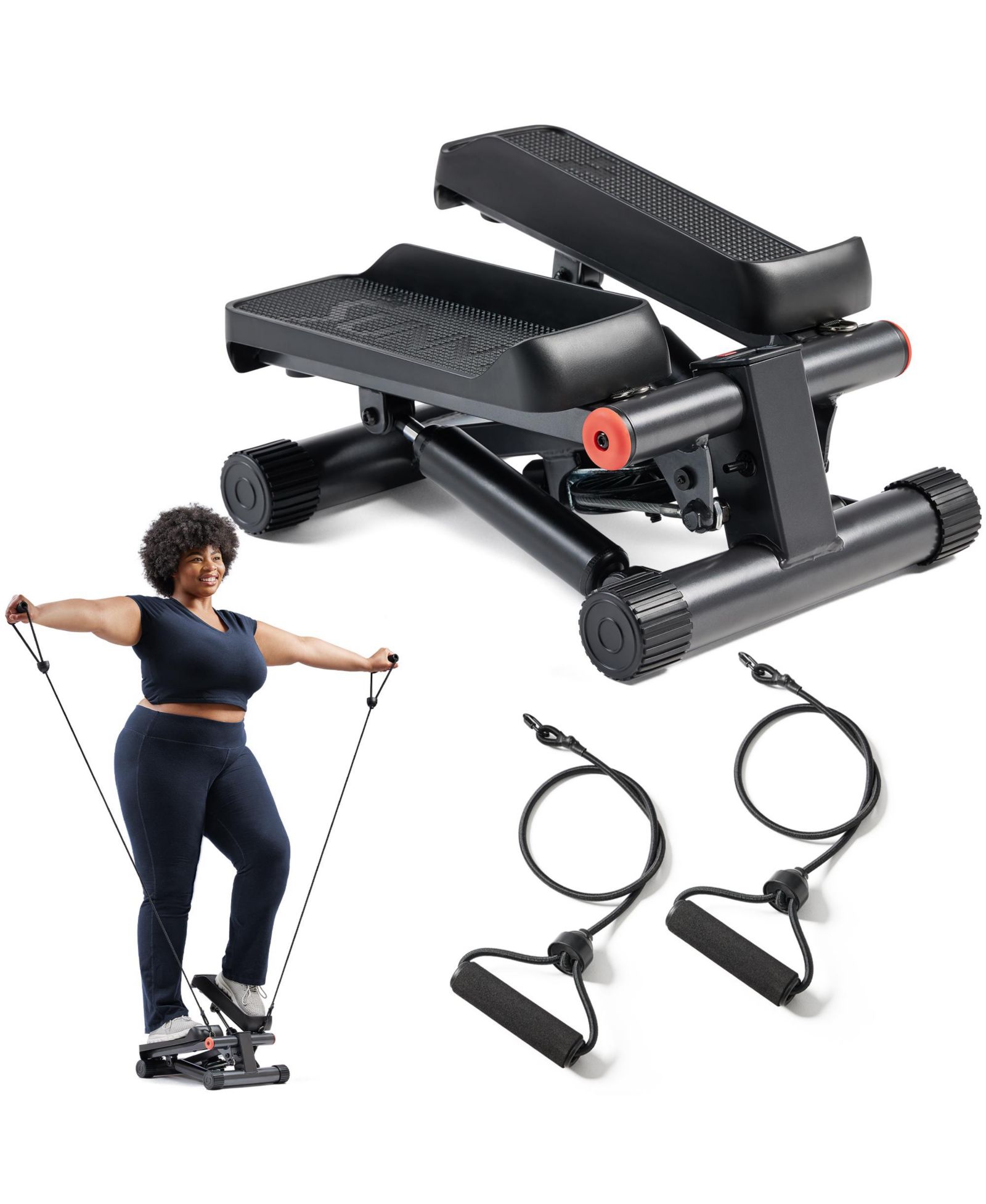 Sunny Health & Fitness Mini Stepper, Low-Impact Stair Step Cardio Equipment with Resistance Bands, Performance Digital Monitor