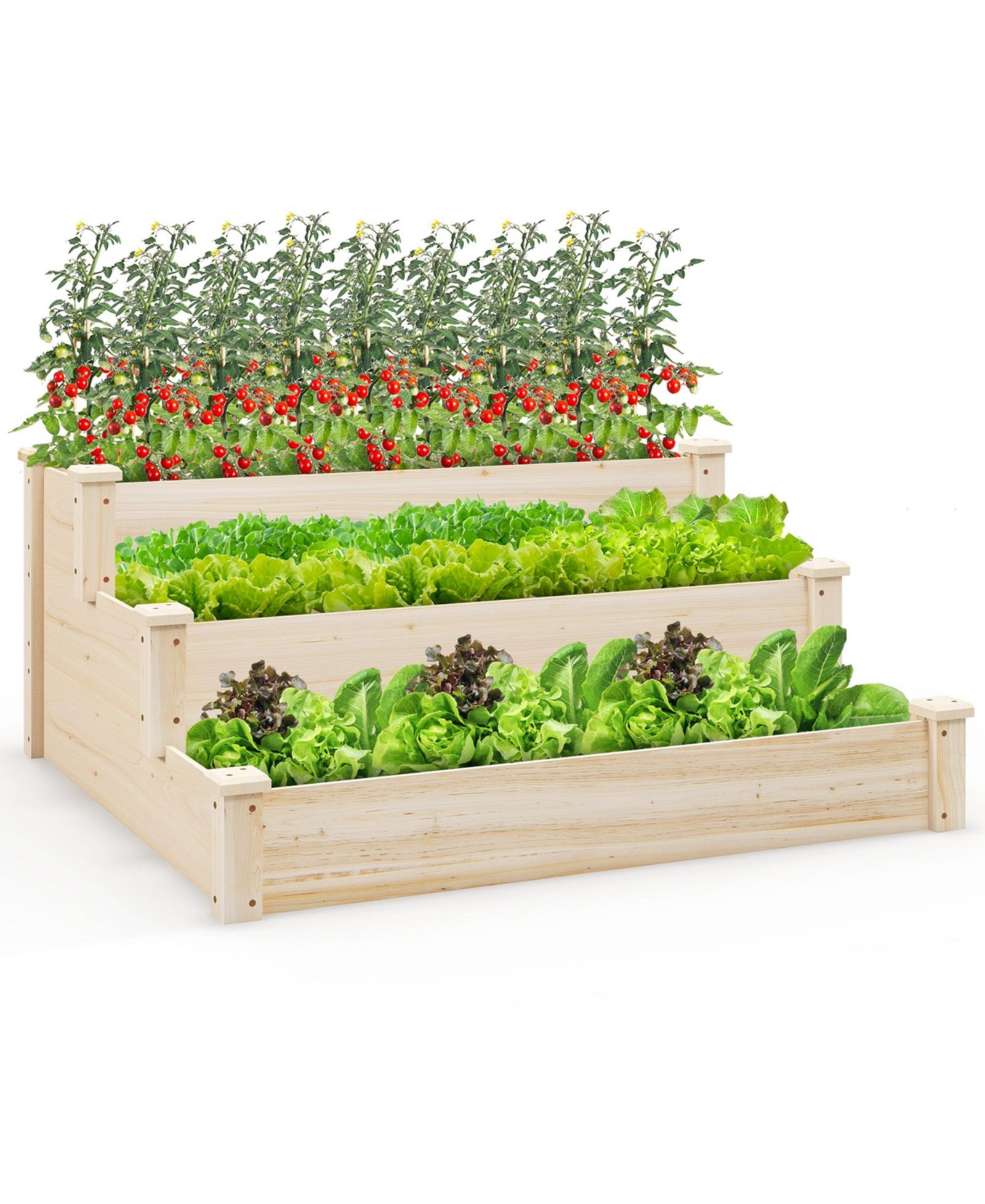 3-Tier Wooden Raised Garden Bed with Open-Ended Base Growing Planter