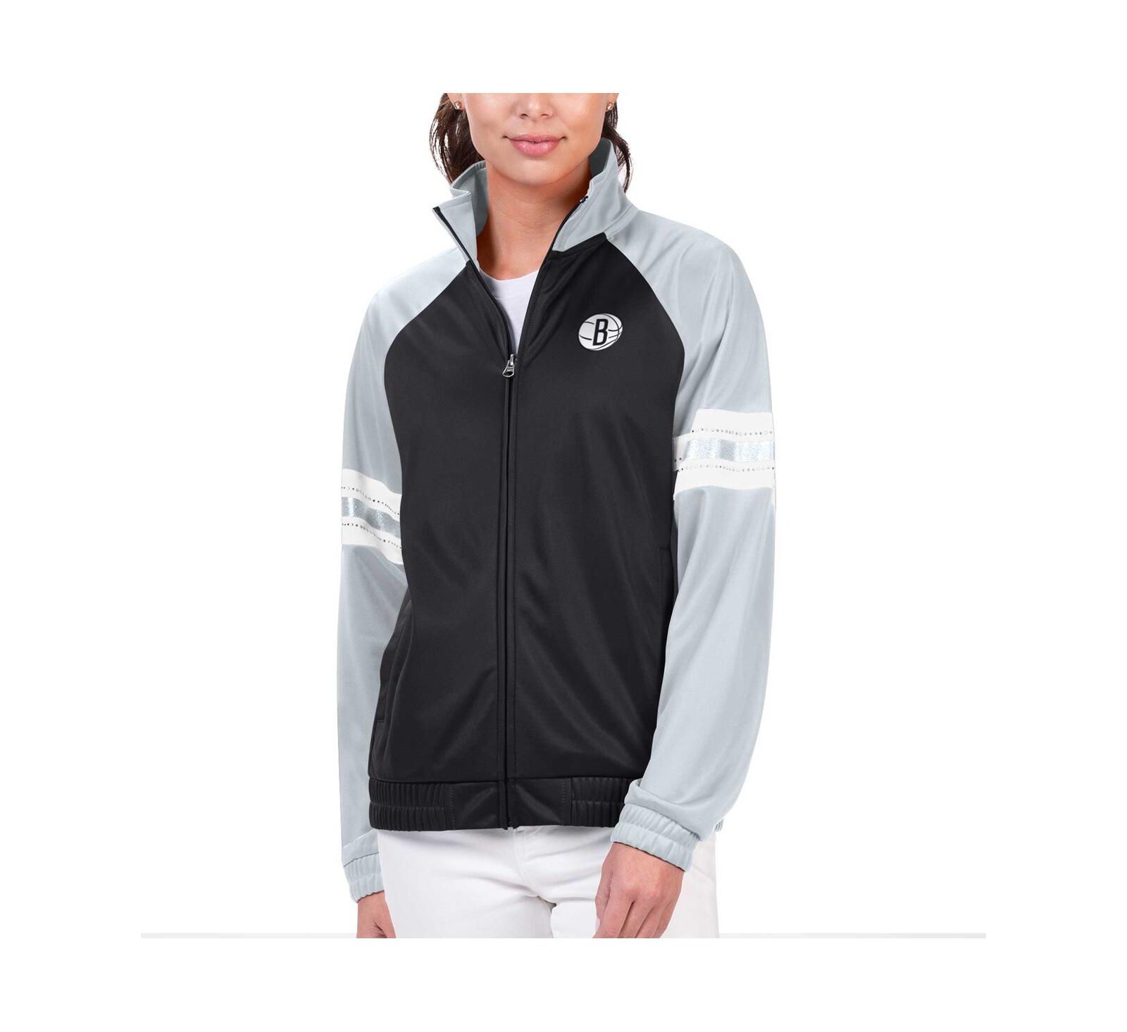 G-III 4Her by Carl Banks Women's Black Brooklyn Nets Main Player Raglan Rhinestone Full-Zip Track Jacket