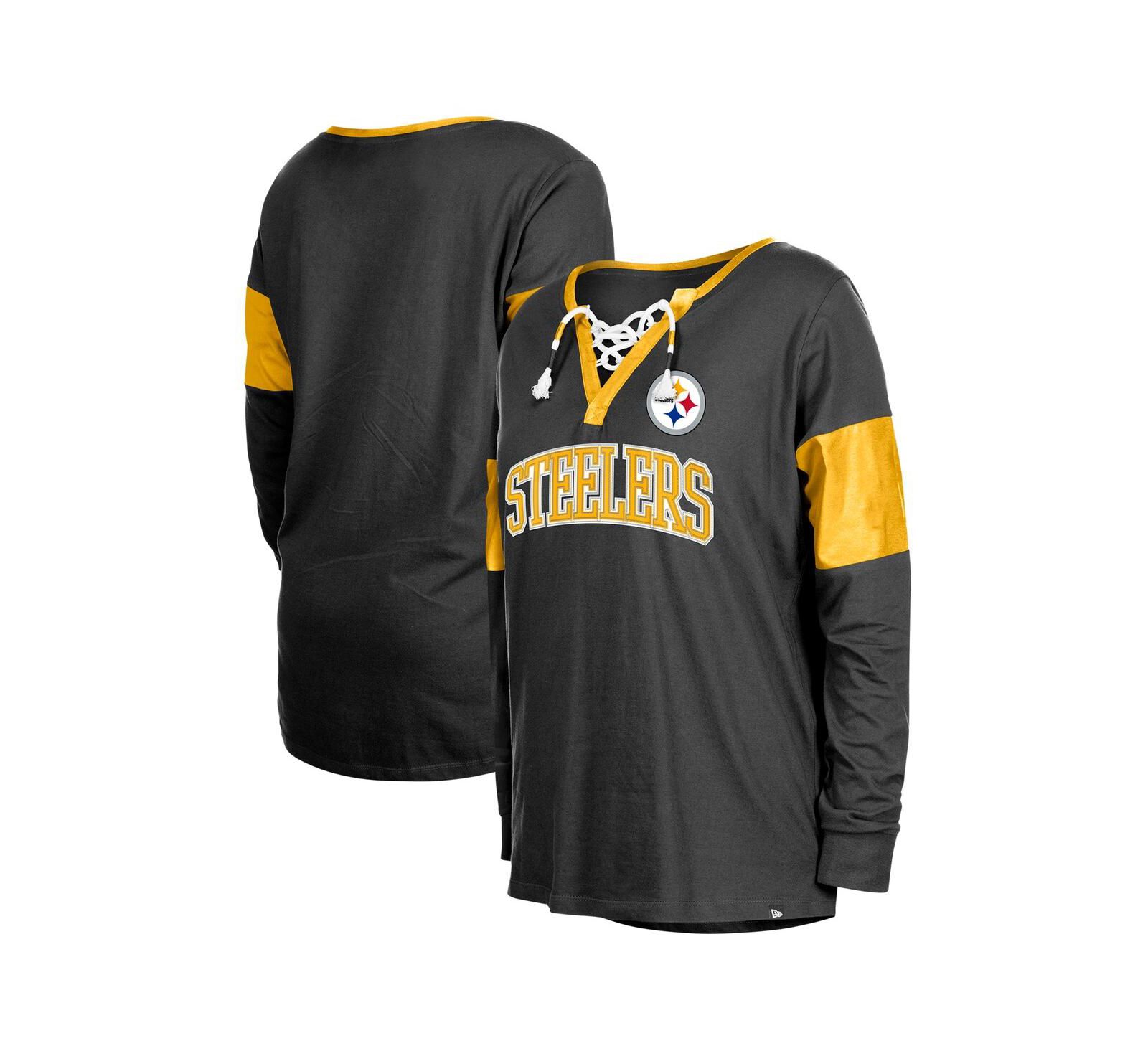 Женская футболка New Era Pittsburgh Steelers с длинным рукавом и разрезом на шее, цвет Black