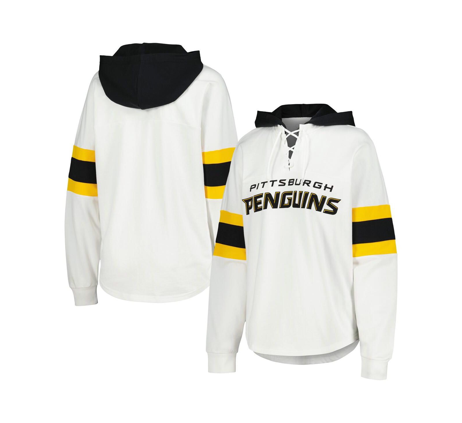 G-III 4Her by Carl Banks Women's White/Black Pittsburgh Penguins Goal Zone Long Sleeve Lace-Up Hoodie T-Shirt