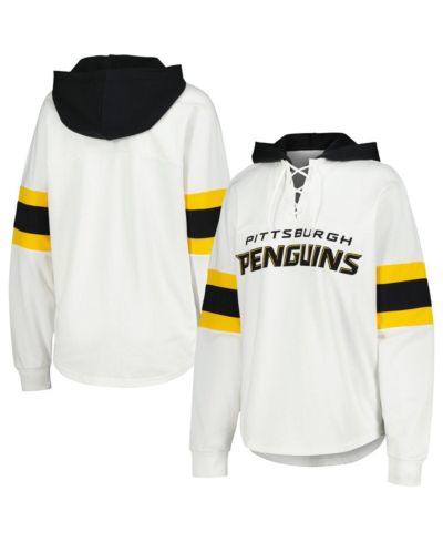G-III 4Her by Carl Banks Women's White/Black Pittsburgh Penguins Goal Zone Long Sleeve Lace-Up Hoodie T-Shirt