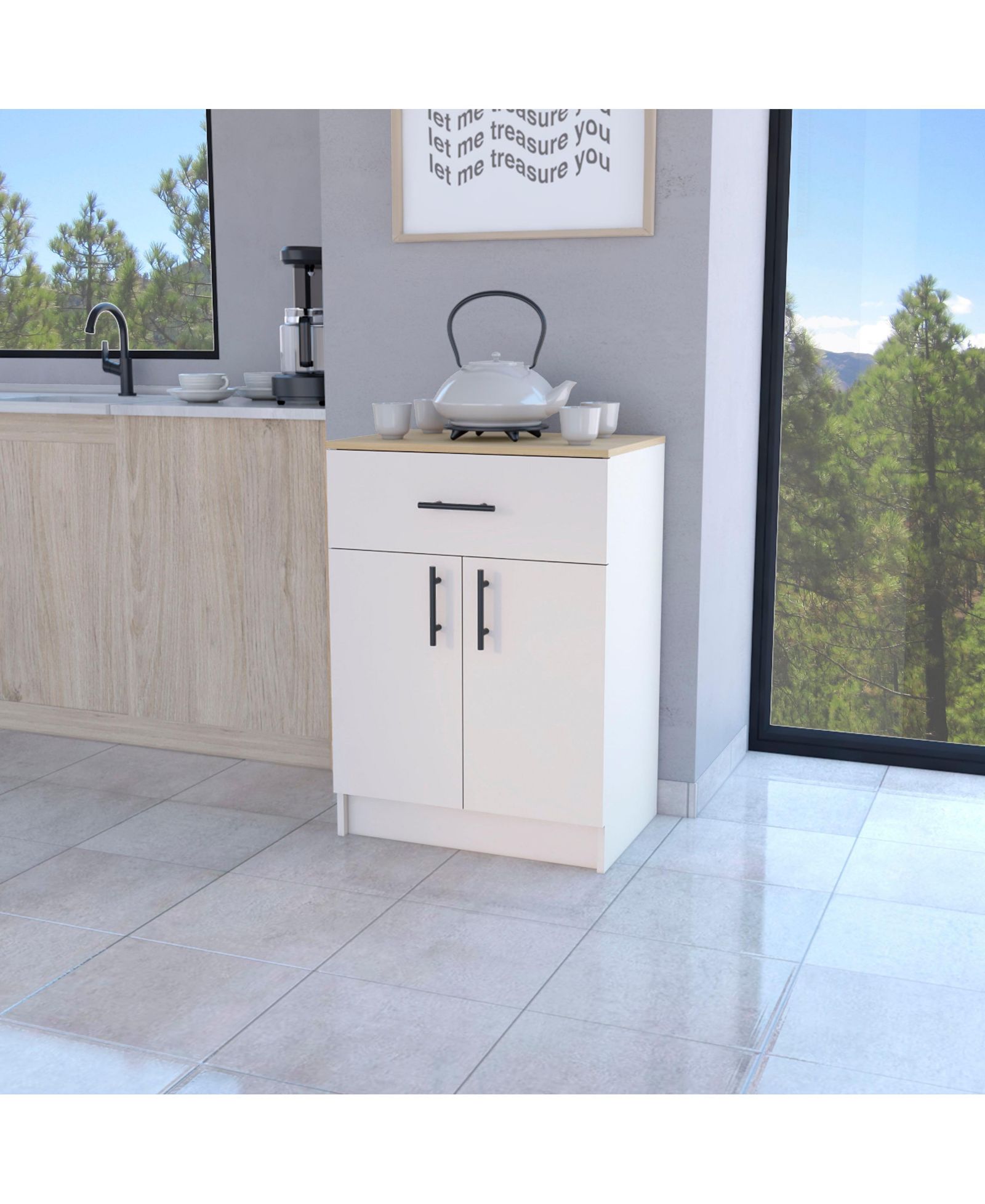 Буфет для кухни FM FURNITURE Cope в меламине с 2 дверцами и 1 ящиком, ivory/ natural Oak