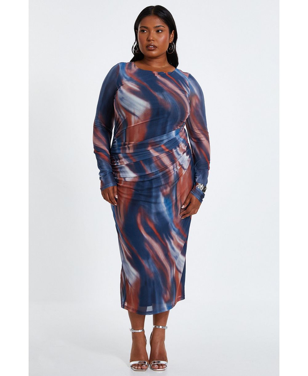 QUIZ Plus Size Сетчатое платье миди с длинным рукавом