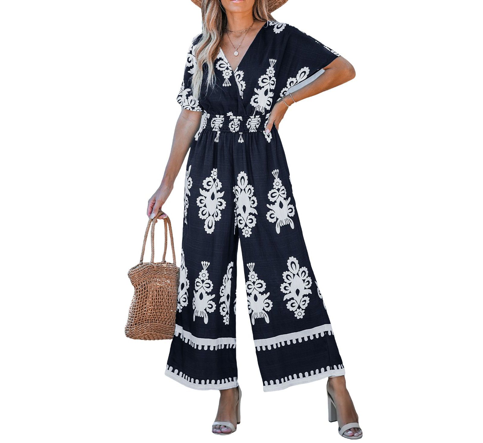 Cupshe Women's Navy Smocked Waist Wide Leg Jumpsuit