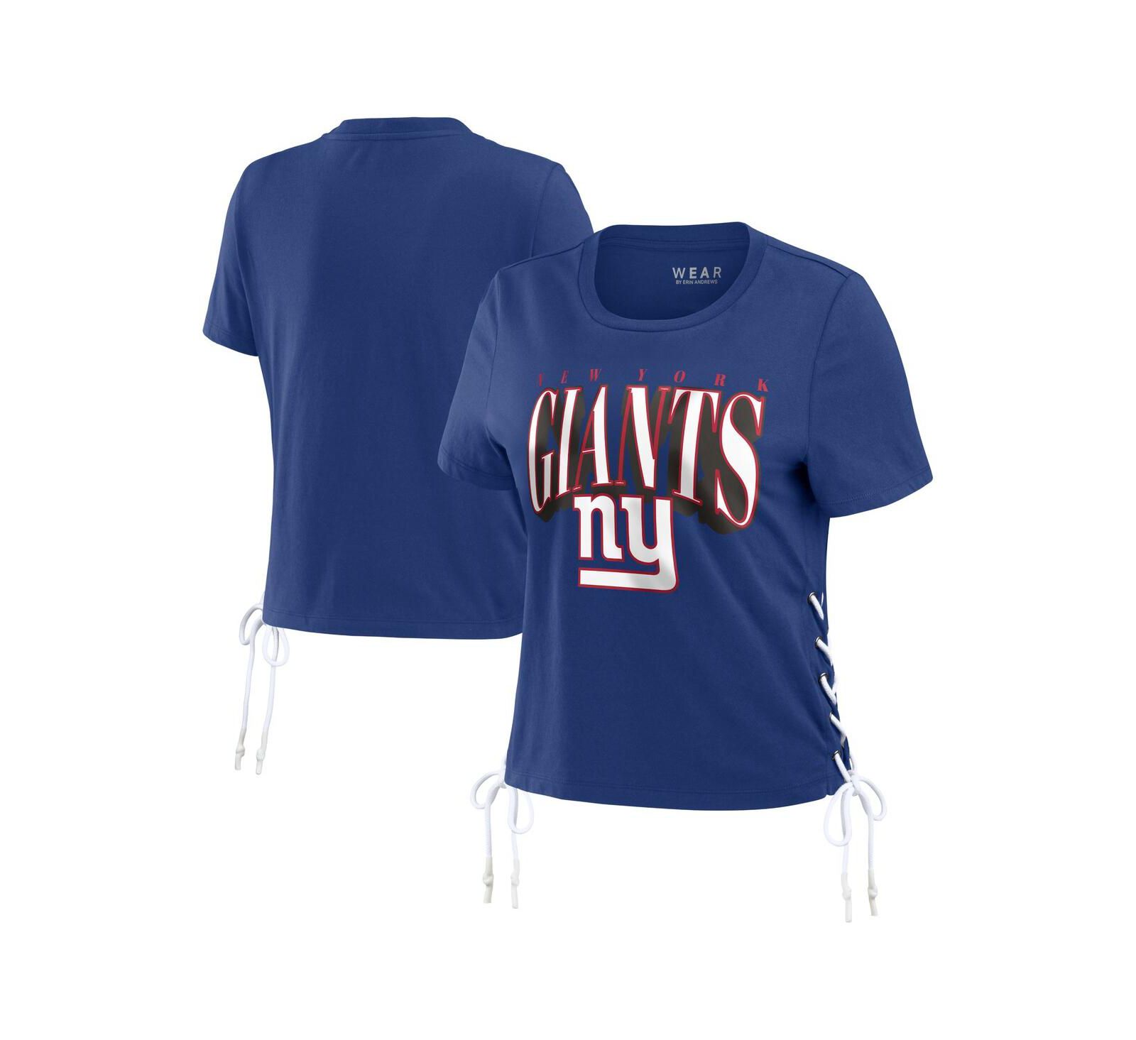 WEAR by Erin Andrews Women's Royal New York Giants Lace Up Side Modest Cropped T-Shirt