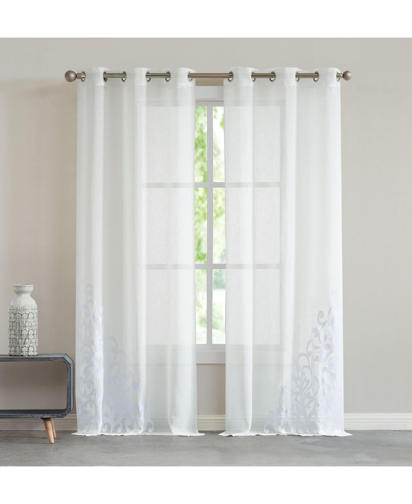 Natalie Linen Textured With 3D Velvet Scroll Design Light Filtering Window Panel Set, 76" W x 84" L