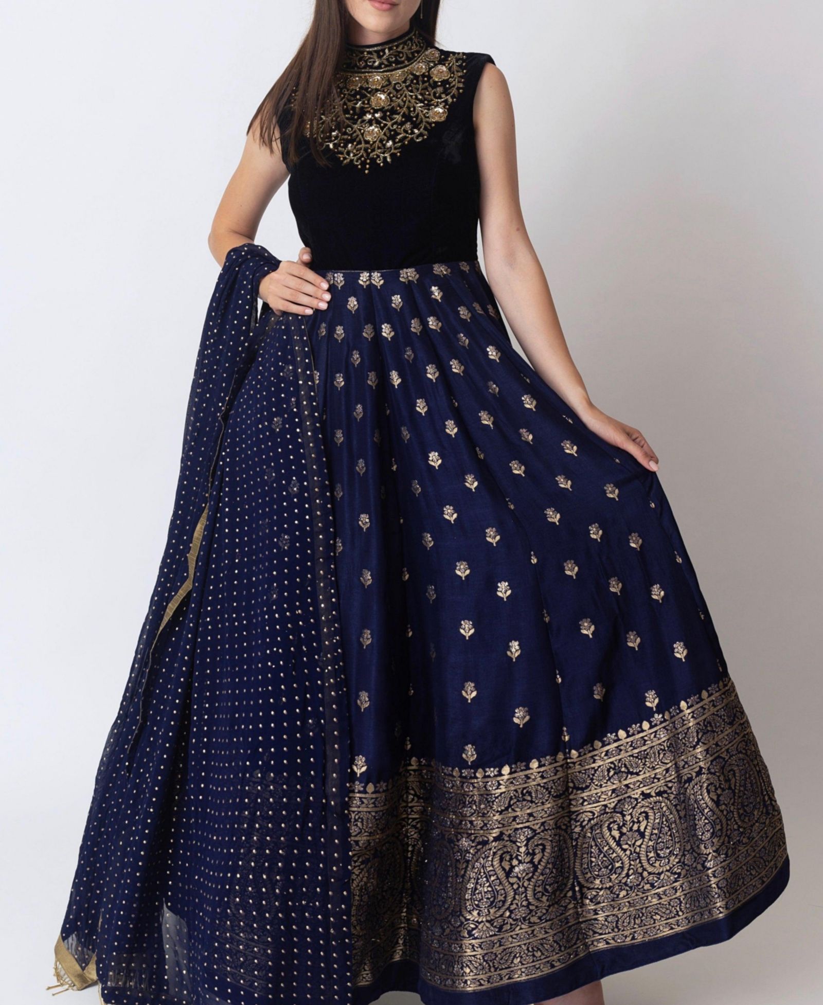 RAAS Women's Blue Anarkali Gown with Sequins and Cutdana Handwork on the Torso and Banarasi Jacquard Bottom