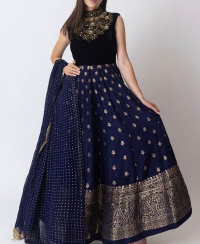 RAAS Women's Blue Anarkali Gown with Sequins and Cutdana Handwork on the Torso and Banarasi Jacquard Bottom