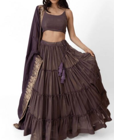 RAAS Women's Brownish Purple Shimmer Tiered Lehenga Choli with Golden Accents