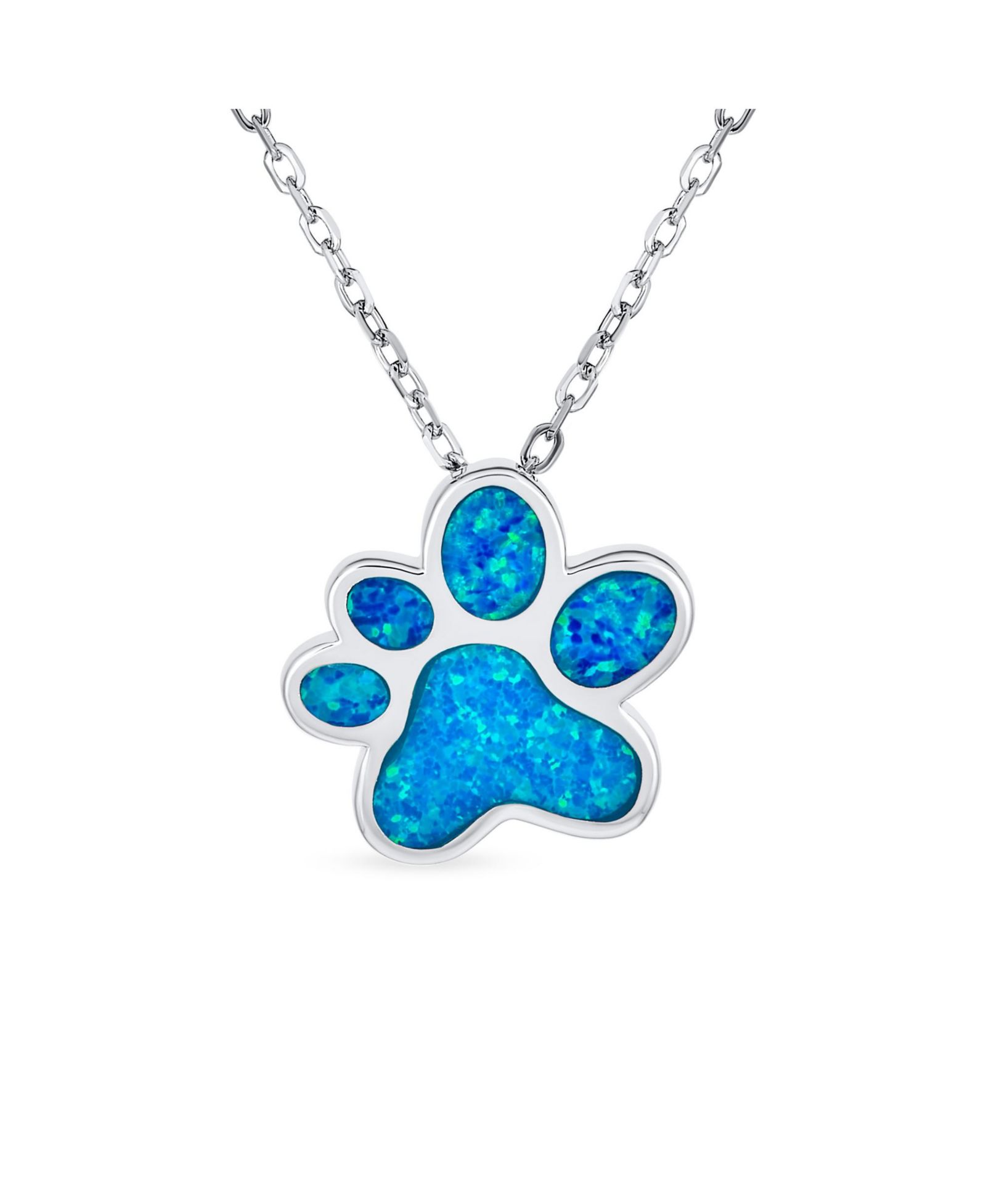 Bling Jewelry BFF Blue Opal Inlay Cat Dog Puppy Paw Print Necklace .925 Sterling Silver