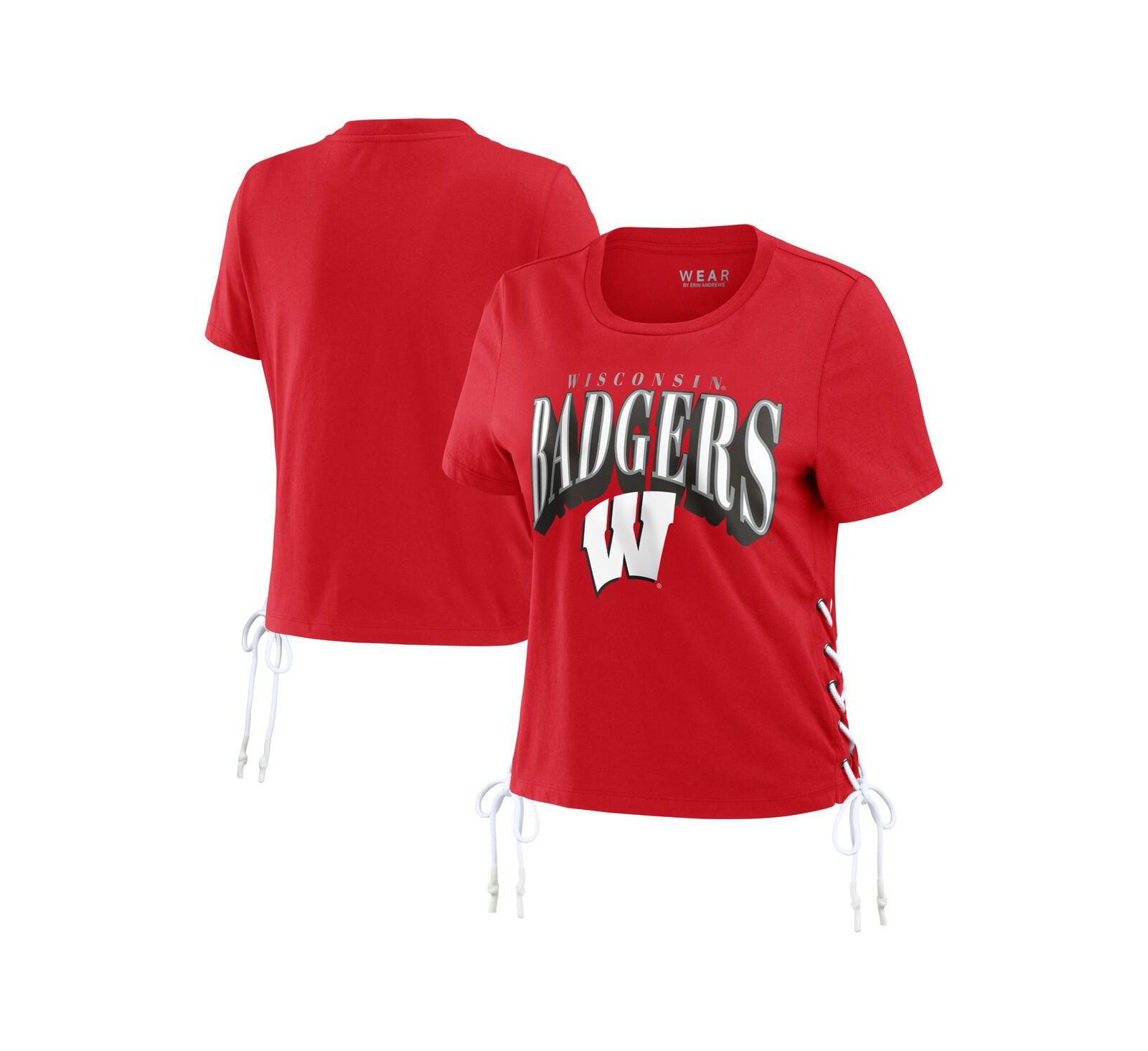 WEAR by Erin Andrews Women's Red Wisconsin Badgers Side Lace-Up Modest Crop T-Shirt