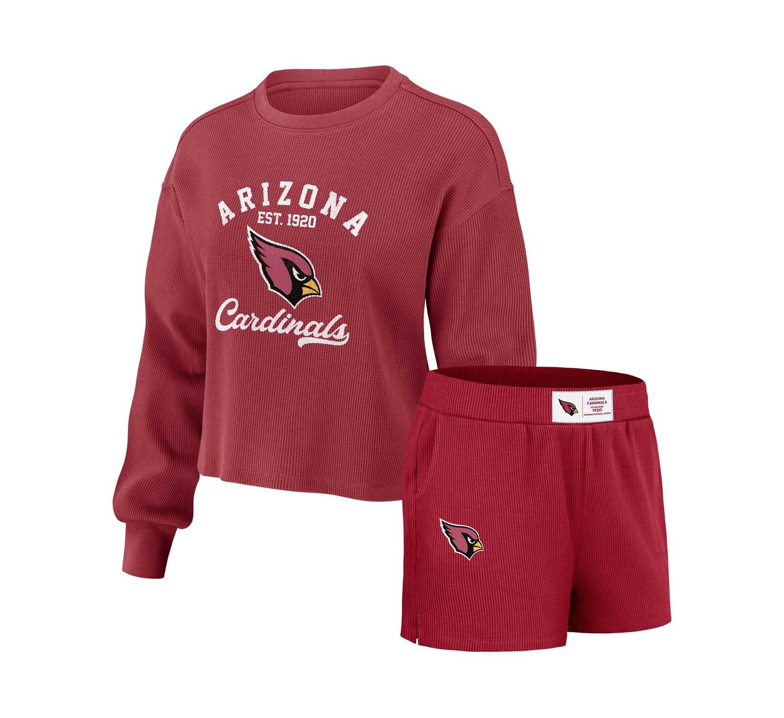 WEAR by Erin Andrews Women's Cardinal Arizona Cardinals Waffle Knit Long Sleeve T-Shirt & Shorts Lounge Set