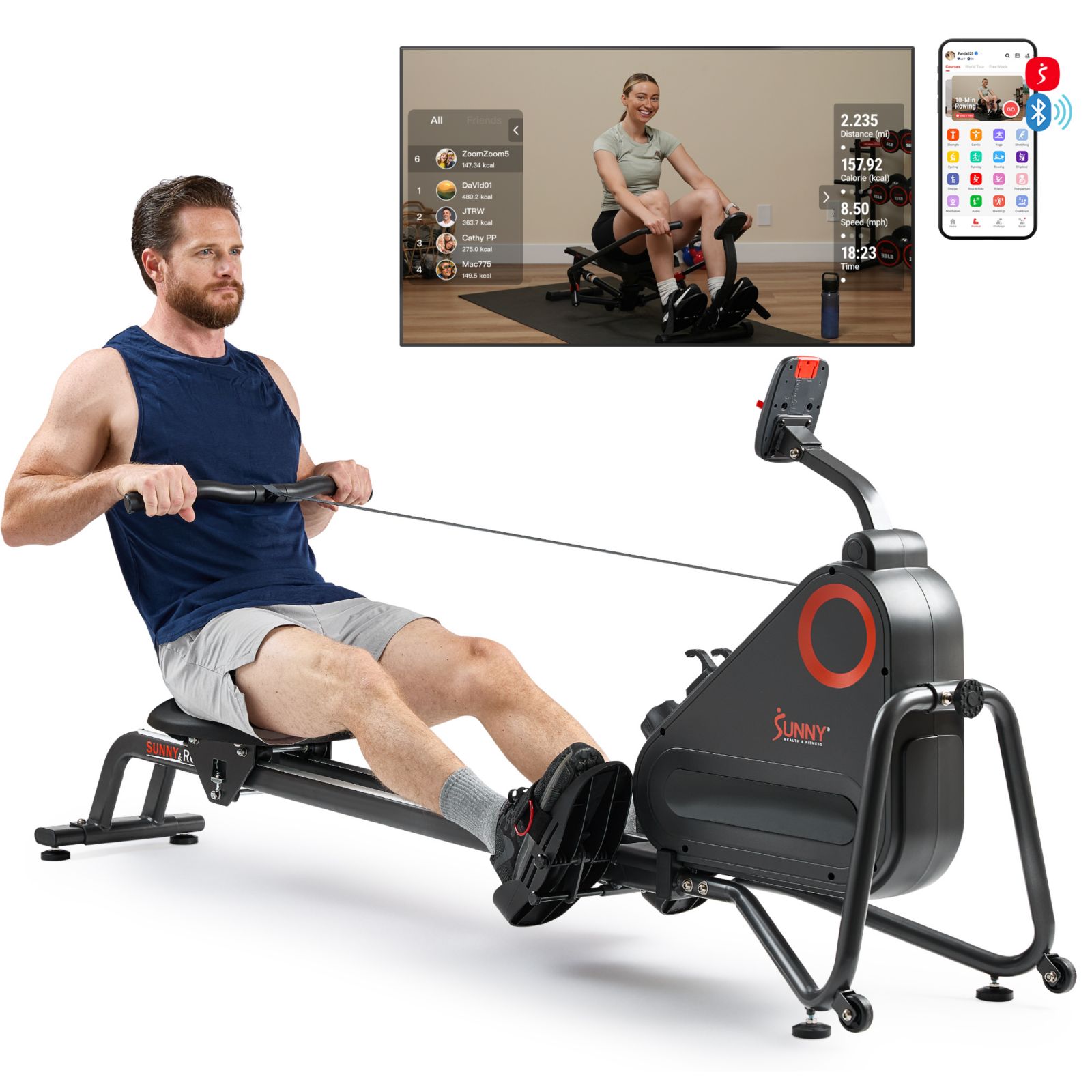 Sunny Health & Fitness Smart Magnetic Rowing Machine with Quiet Dual Rail, 16 Resistance Levels & Performance Tracking via SunnyFit App