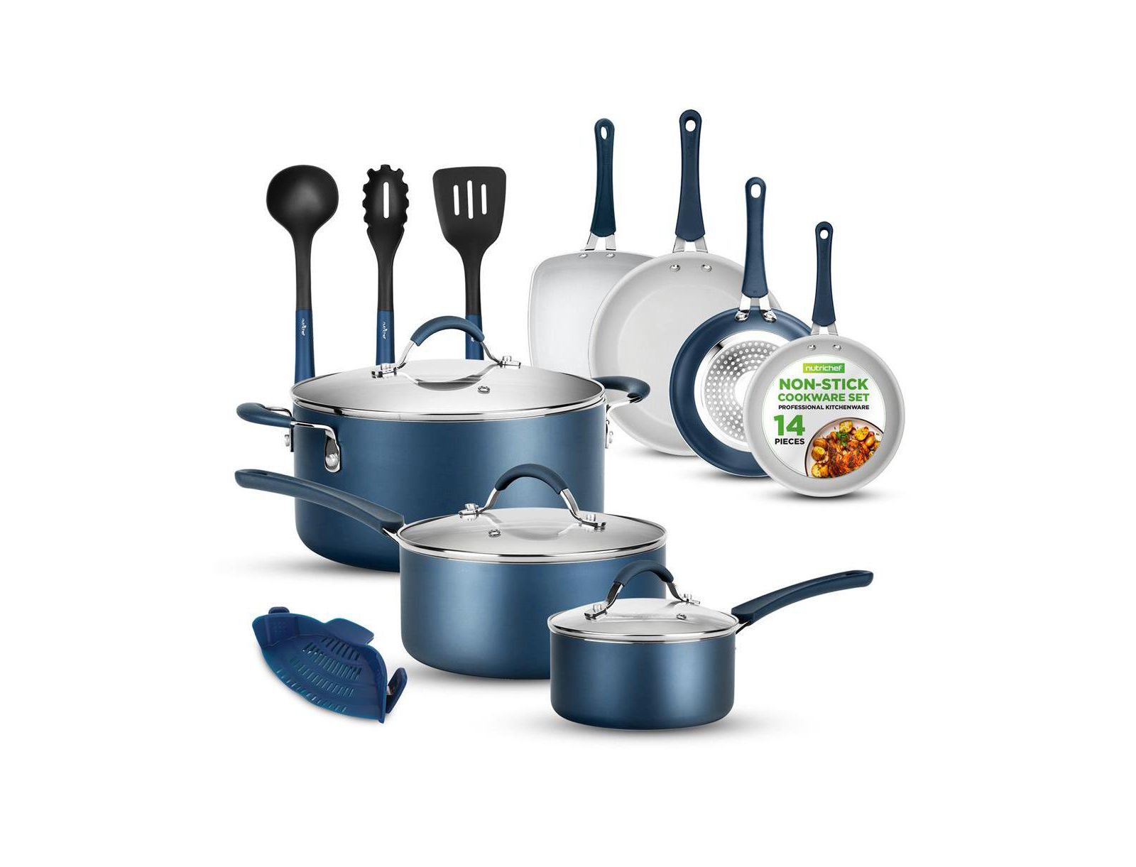 NutriChef 14-Piece Navy Blue Cookware Set - Durable Non-Stick Pots and Pans Set with Lids & Utensils, Compatible with All Cooktops