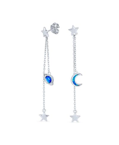 Bling Jewelry Celestial Created Opal Crescent Moon and Star Dangle Earrings Sterling Silver