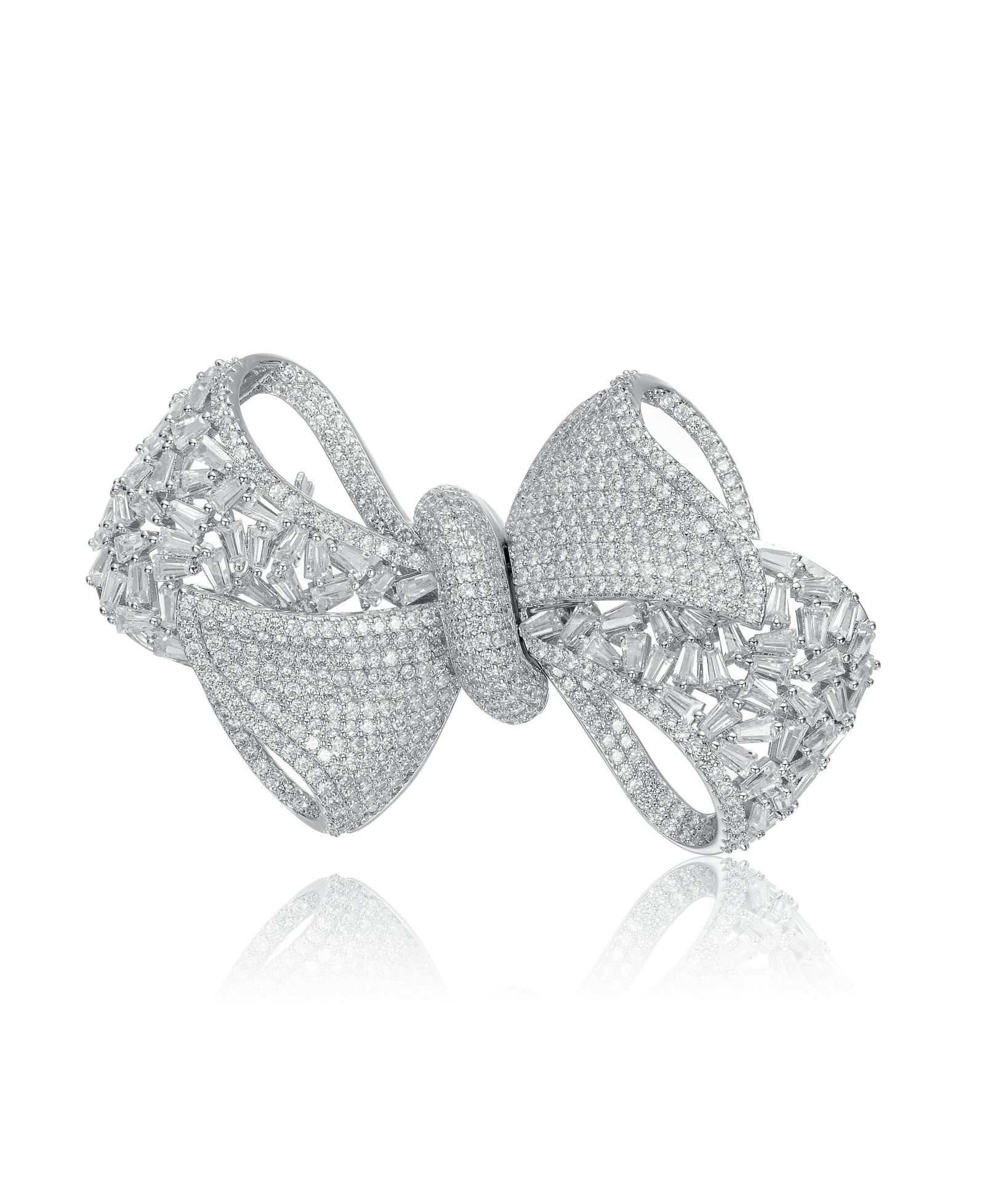 White Gold Plated Cubic Zirconia Ribbon Bow-Tie Brooch/Pin