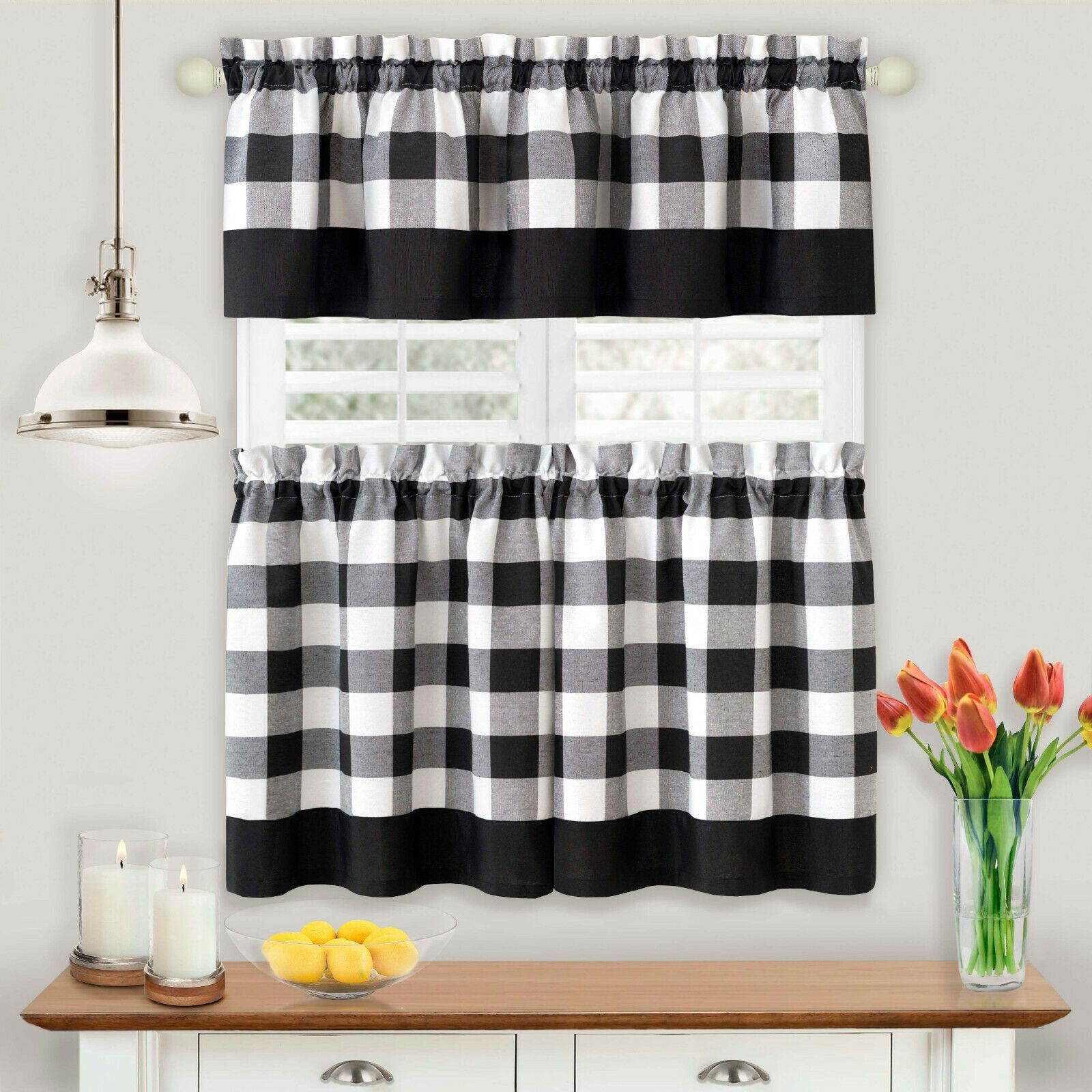 Kate Aurora Modern Country Farmhouse 3 Piece Plaid Checkered Cafe Kitchen Curtain Tier and Valance Set