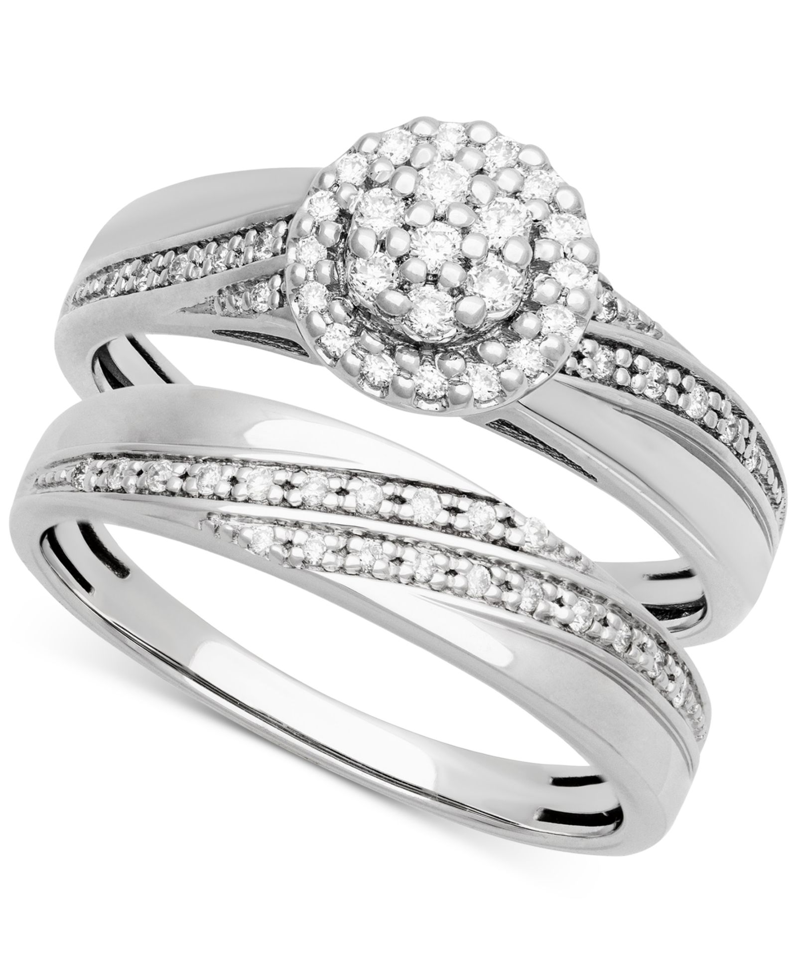 Свадебный набор из двух колец Diamond Halo Cluster Diagonal Two Row в 14k White Gold