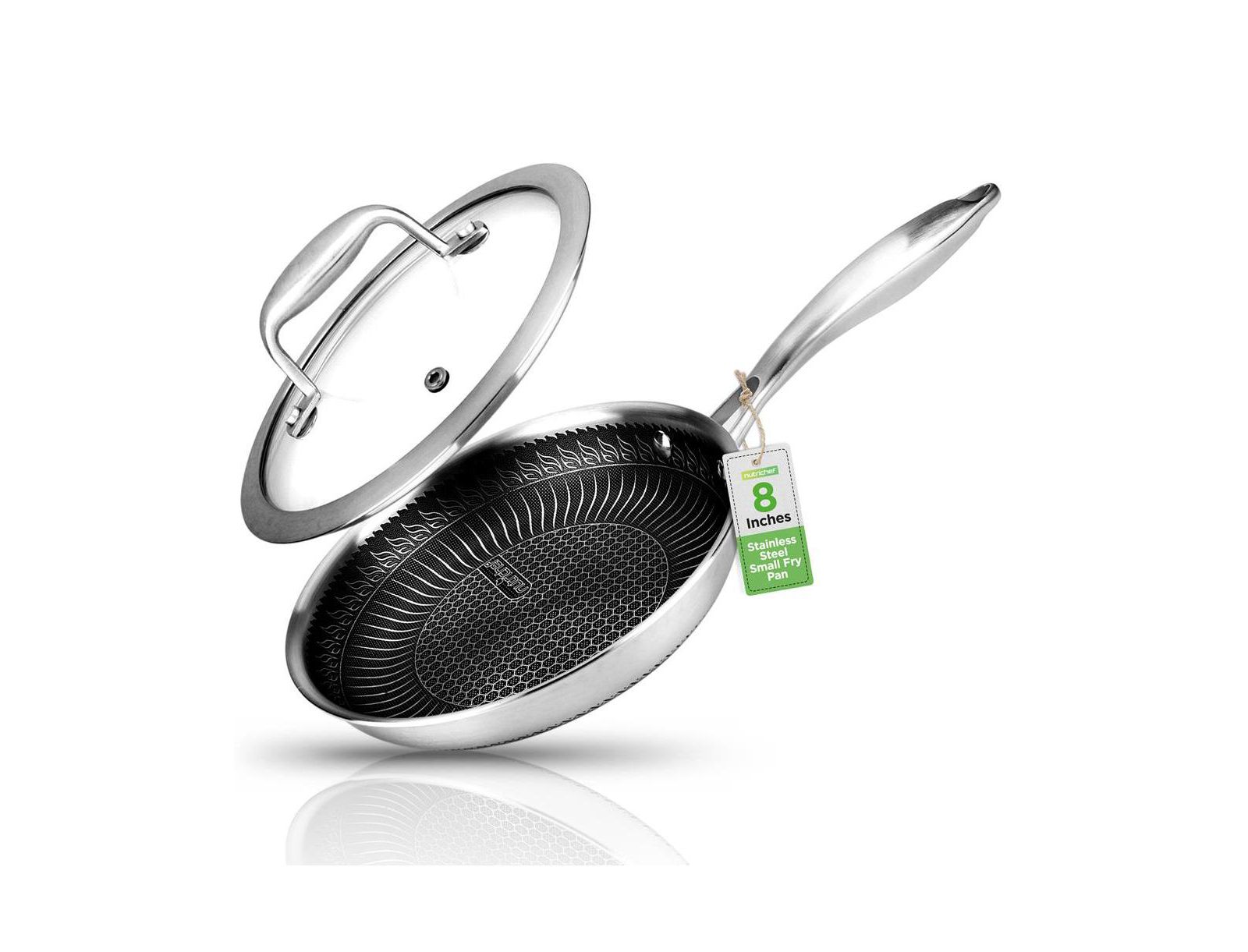 NutriChef 8'' Stir Fry Pan with Glass Lid - Triply Stainless Steel Cookware, DAKIN Etching Non-Stick Coating Inside and Outside