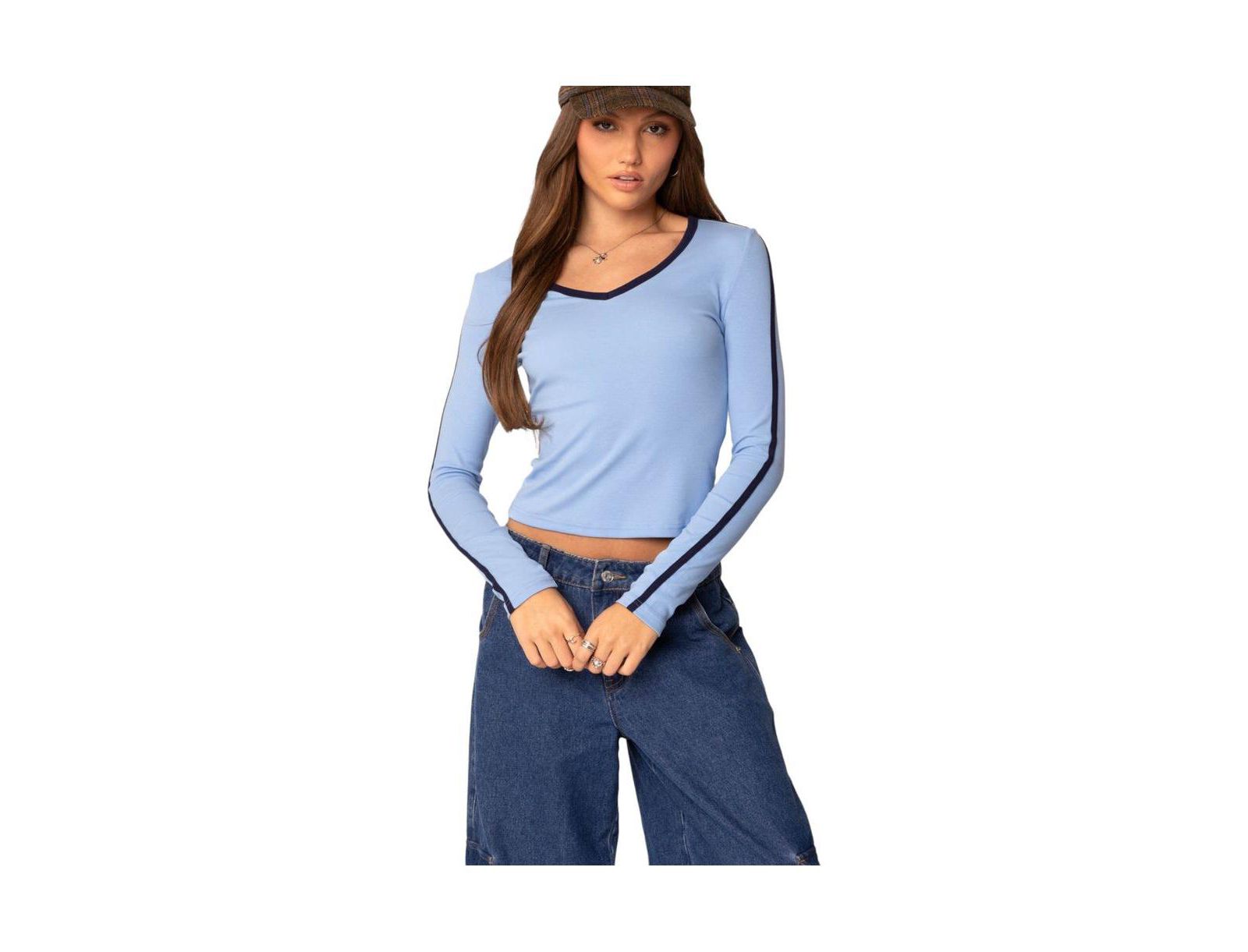 Edikted Women's Contrast V Neck Long Sleeve T Shirt