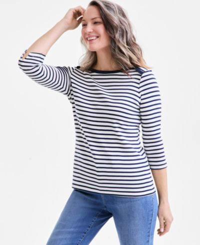 Женский топ Style & Co Petite Pima Cotton Striped Boat-Neck 3/4-Sleeve