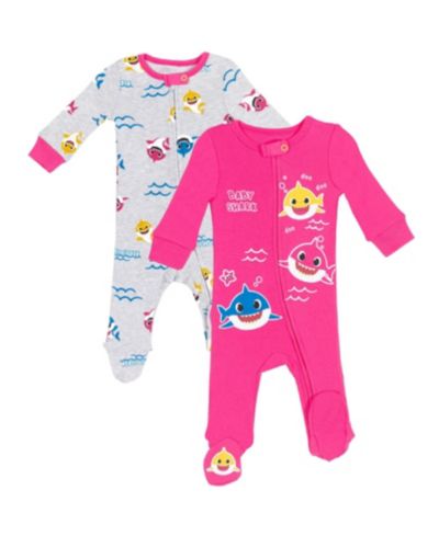 Baby Shark Baby Girls Pinkfong Shark 2 Pack Zip Up Sleep N' Play Coveralls