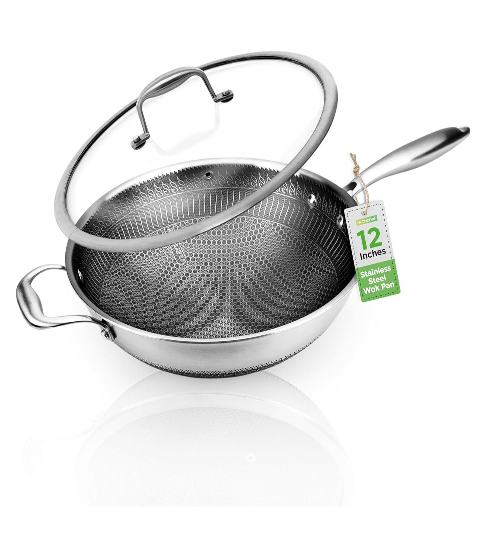 NutriChef 12'' Durable Wok with Side Handle - Triply Stainless Steel Cookware, DAKIN Etching Non-Stick Coating Inside and Outside