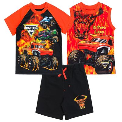 Monster Jam Boys (6 to 16)Grave Digger El Toro Loco Megalodon T-Shirt Tank Top and French Terry Shorts 3 Piece Set Toddler to Big Kid