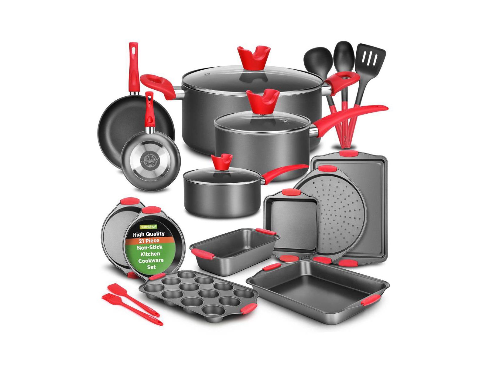 Набор Cookware NutriChef: кастрюли и сковороды, антипригарное покрытие с кухонной утварью (набор из 21 предмета)