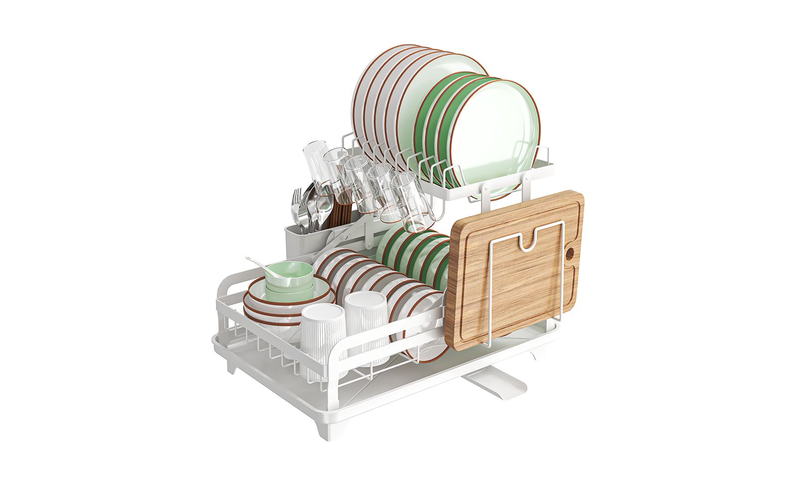 2-Tier Collapsible Multi-Functional Dish Drying Rack with Cutlery Box and Cup Holder
