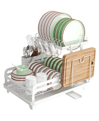 2-Tier Collapsible Multi-Functional Dish Drying Rack with Cutlery Box and Cup Holder