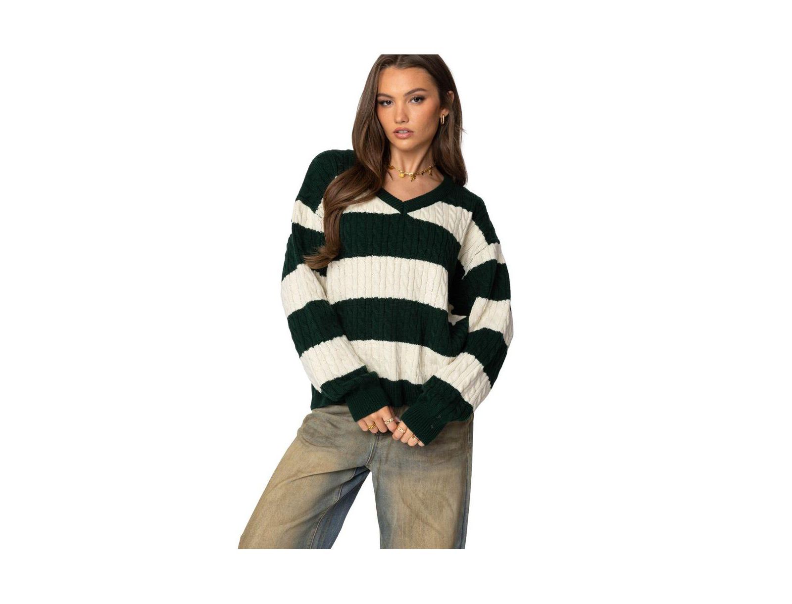 Edikted Women's Oversized Striped Cable Knit Sweater
