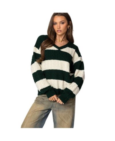 Edikted Women's Oversized Striped Cable Knit Sweater