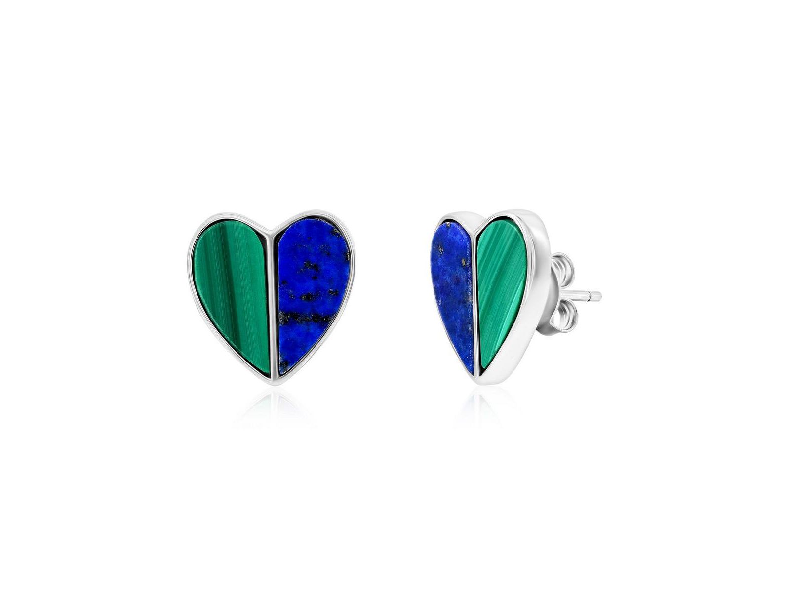 Caribbean Treasures Sterling Silver Half Malachite & Half Lapis Heart Stud Earrings