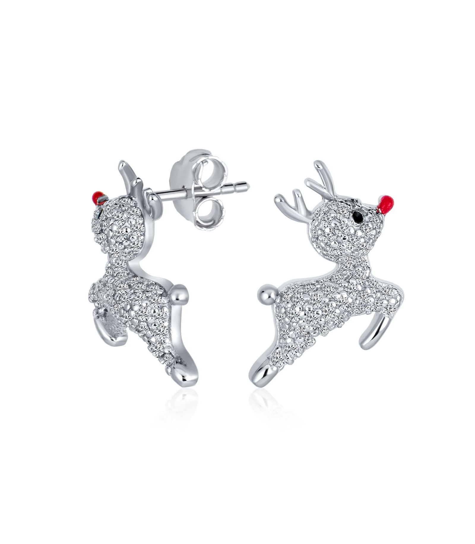 Bling Jewelry праздничные серьги-гвоздики с оленем Рудольфом и красным носом, паве из кубического циркония, серебро 925 пробы